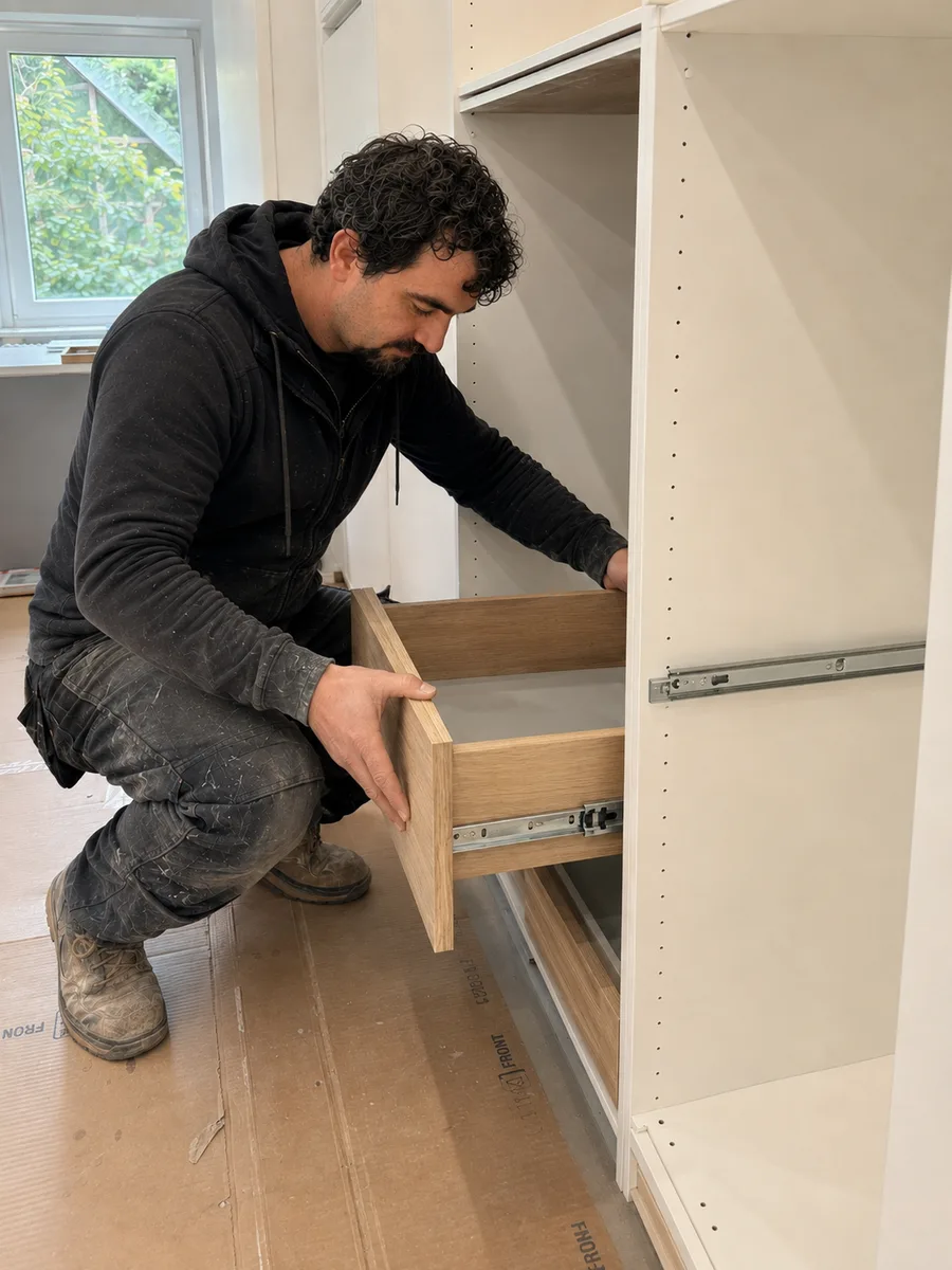 Einbauschrank nach Maß: Schubkasten wird auf den Vollauszug gesetzt