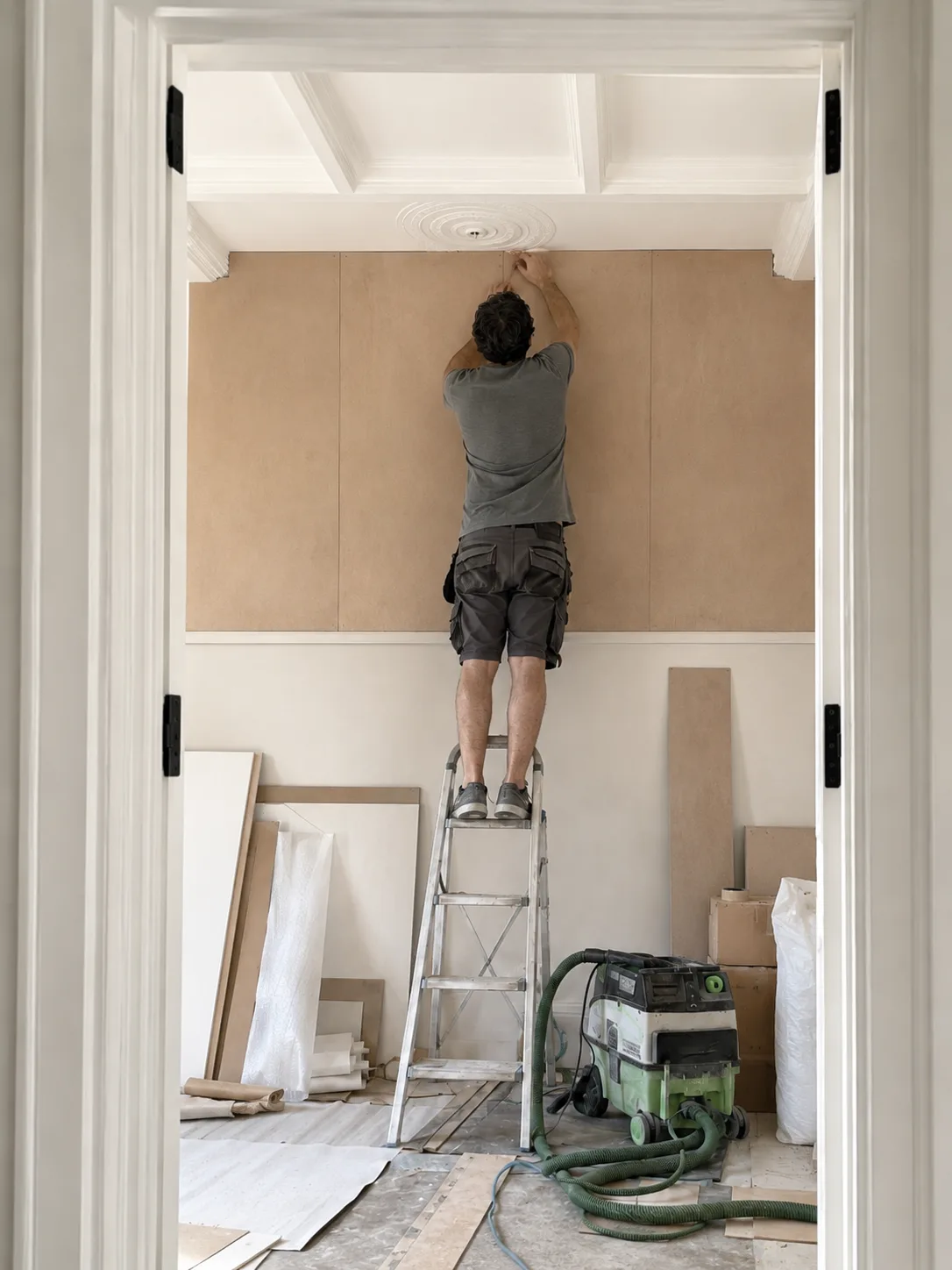 Innenausbau: Montage einer Wandverkleidung aus Holz im Altbau