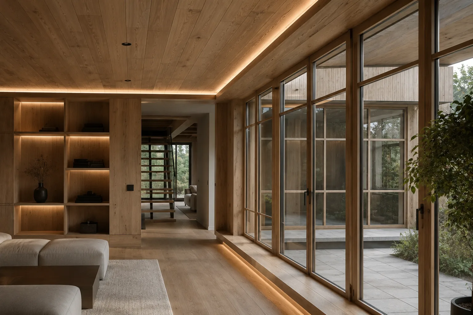 Innenausbau mit Holzdecke und Wandverkleidung aus Massivholz
