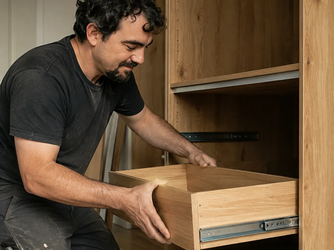 Möbelmontage: Schubkasten aus Eiche wird in einen Einbauschrank nach Maß eingesetzt
